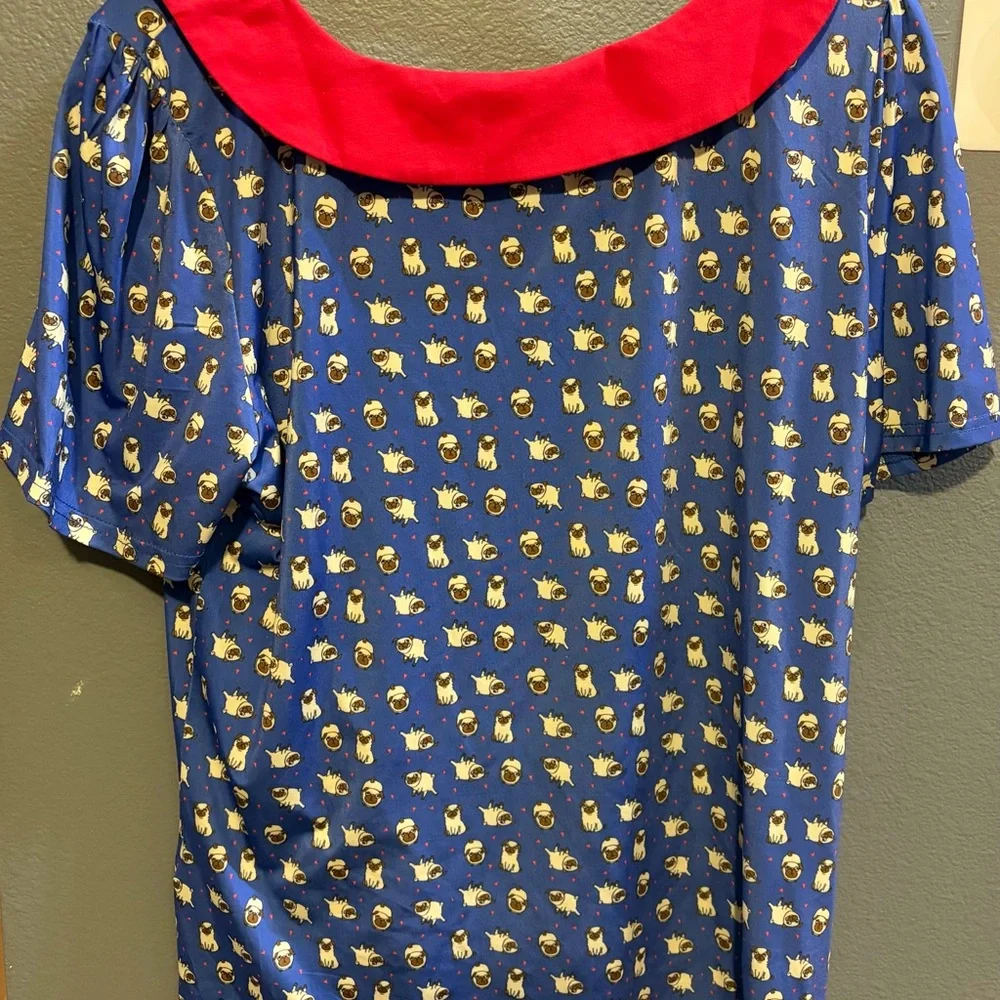 Lindy Bop Blue blouse with Red Collar and Pug Print - Picture 2 of 3